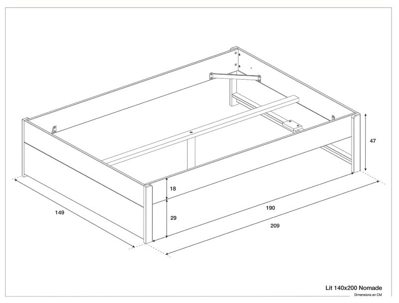 Afmetingen van het tweepersoons Nomade bed 140x200