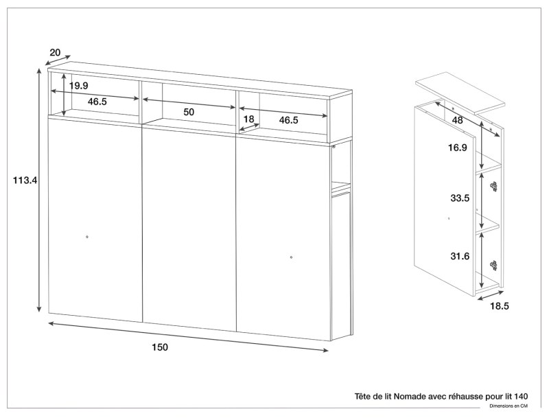 Dimensions of the Nomade 140 headboard with extension
