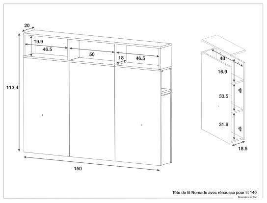 Dimensions de la tête de lit avec réhausse Nomade 140