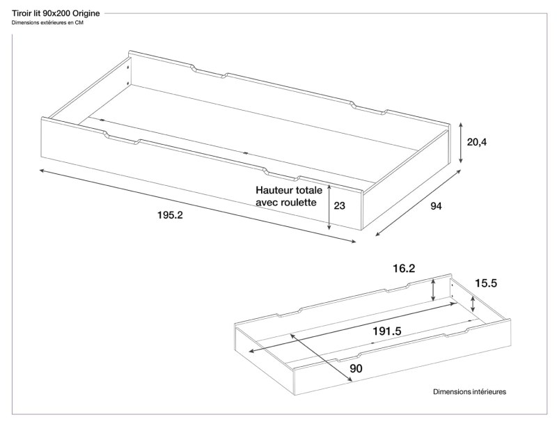 Dimensions du tiroir Origine