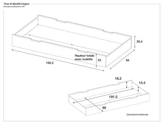 Dimensions du tiroir Origine