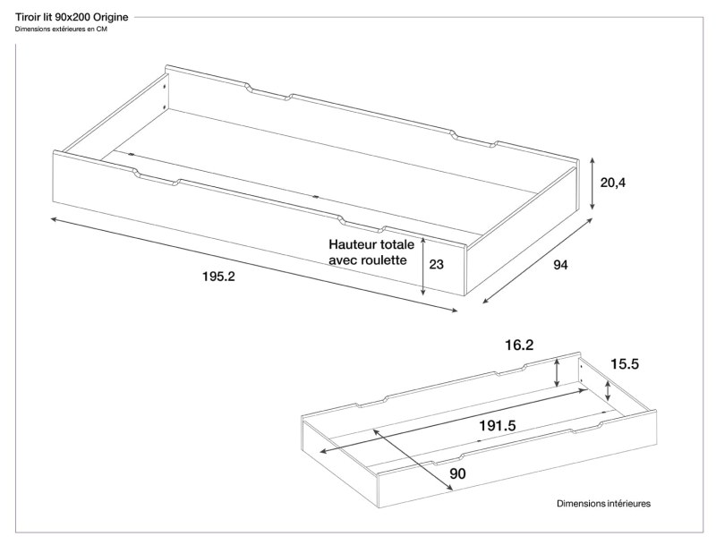 Dimensions of the Origine Grey drawer