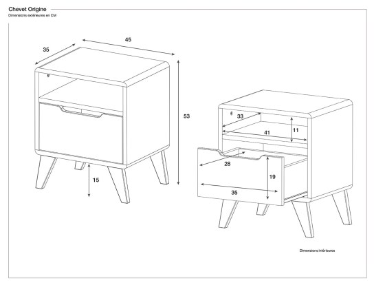 Dimensions of the Origine bedside table