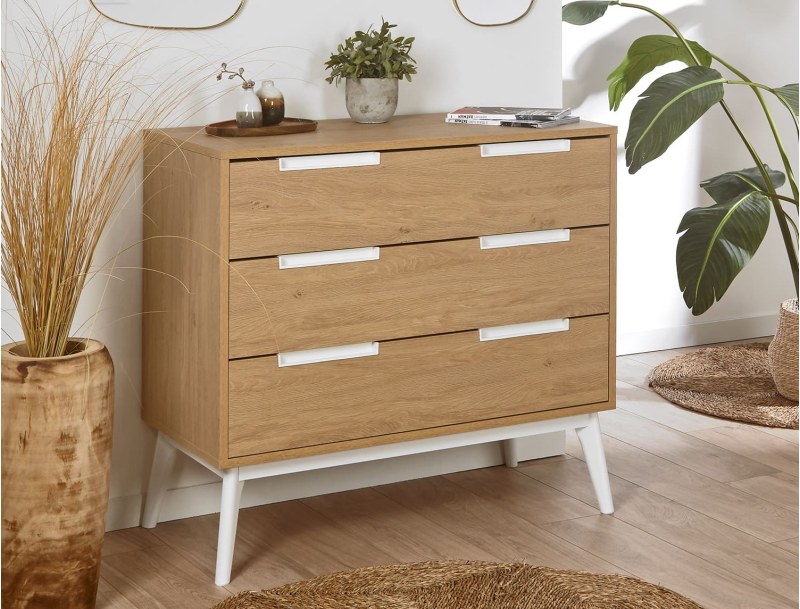 Commode trois tiroirs chambre Chêne et blanc Octave