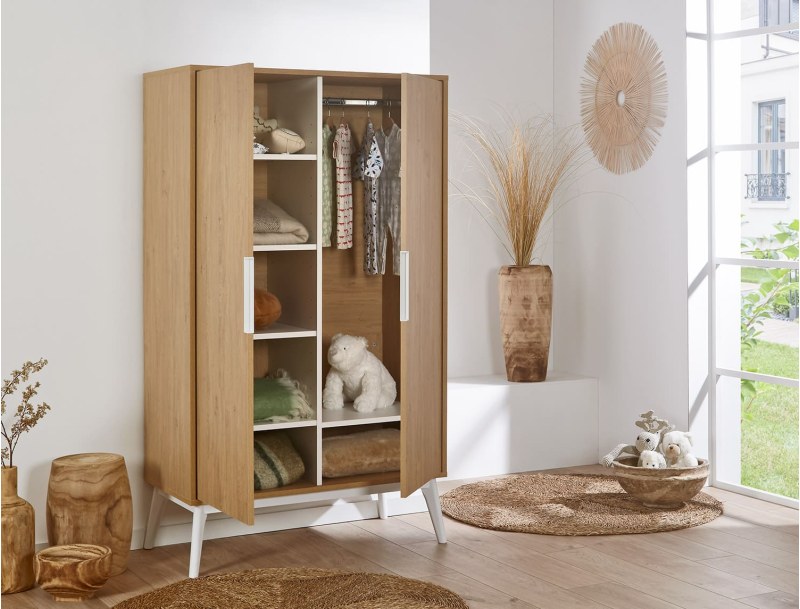Two-door wardrobe white and wood Octave