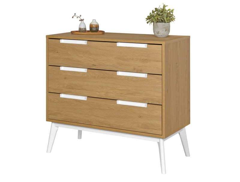 Commode 3 tiroirs, blanc et bois Octave