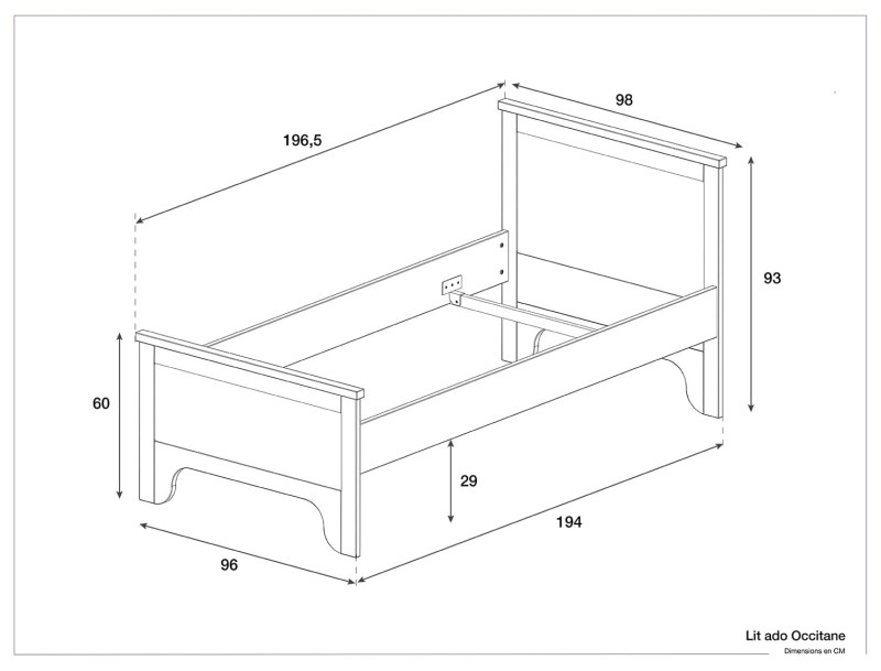 Dimensions du lit  Occitane blanc 90x190