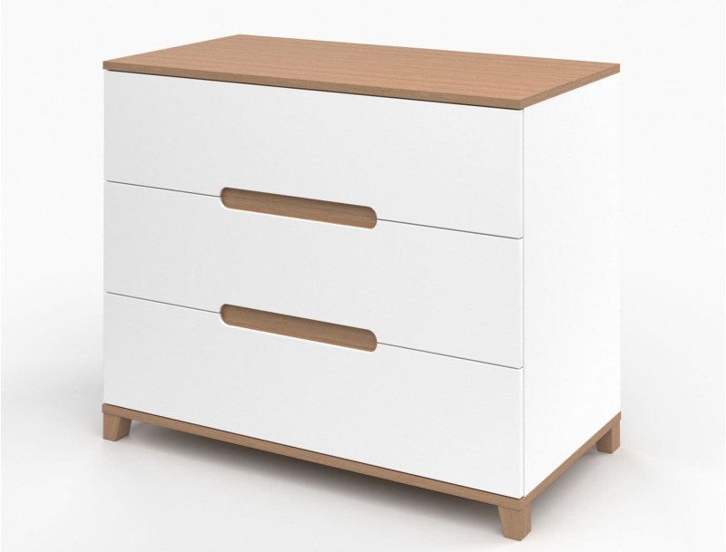 Milor white and wood three-drawer dresser.