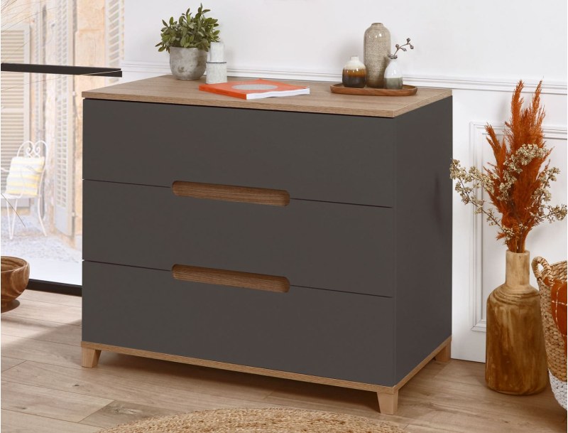 Commode trois tiroirs anthracite et bois Milor