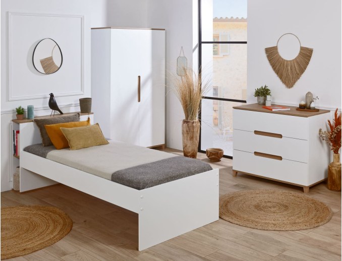 Chambre enfant lit Milor Blanc & Bois avec un lit avec rangement 90x200 une commode et une armoire.