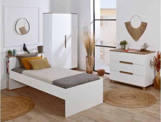 Kinderzimmer mit Milor Weiß & Holz Bett, 90x200 Bett mit Stauraum, Kommode und Kleiderschrank.