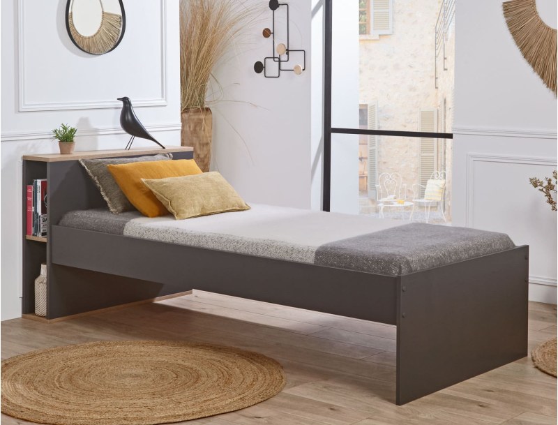 Milor Anthracite & Wood children's bed with storage and headboard
