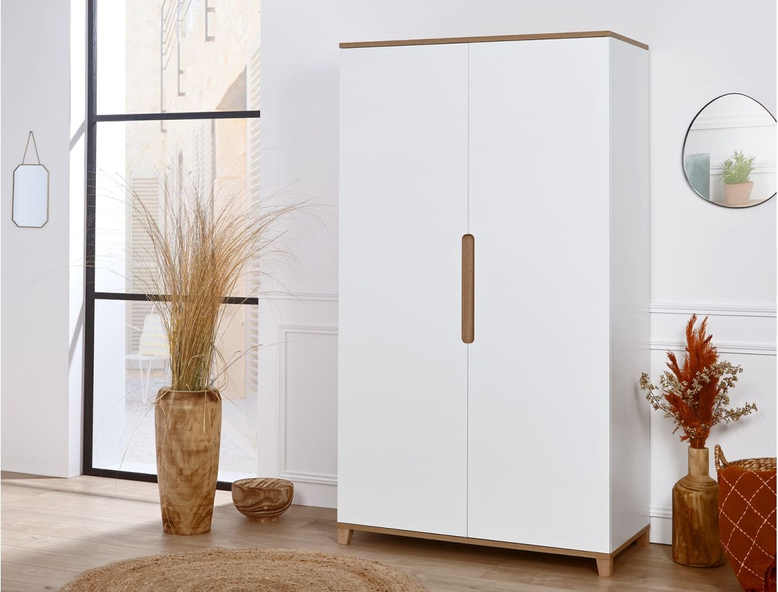 White and wood Milor two-door wardrobe