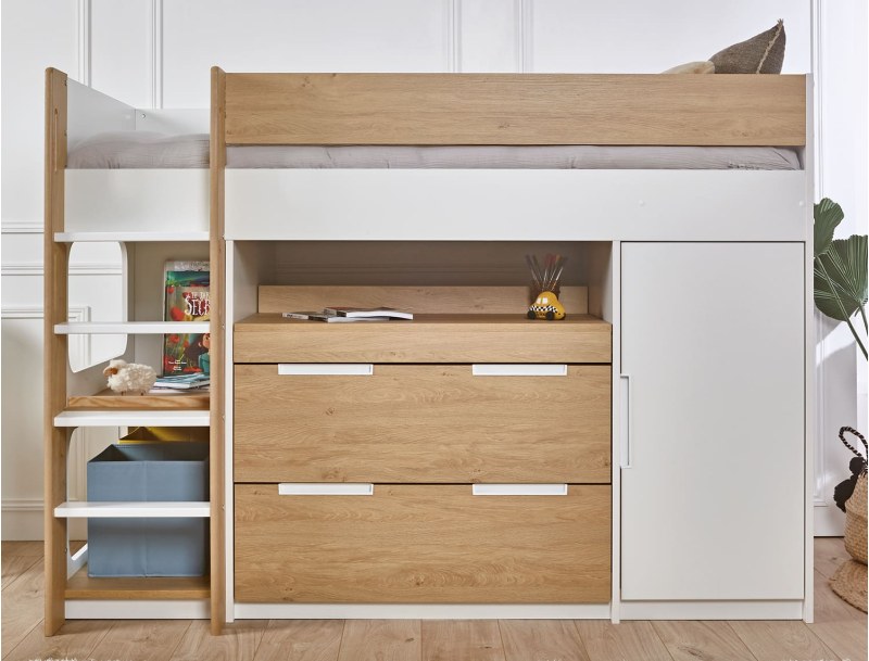 Letto a soppalco bianco e legno Palma