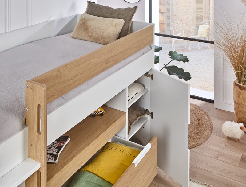 Letto a soppalco con scrivania, contenitore, 2 cassetti e un armadio Palma
