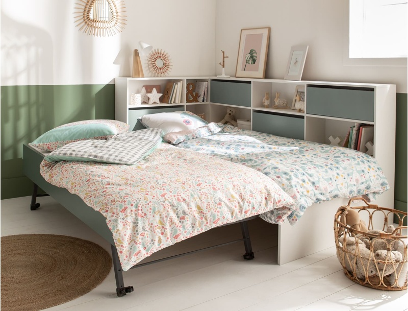 Trundle bed + drawer White & Moss Green Opus