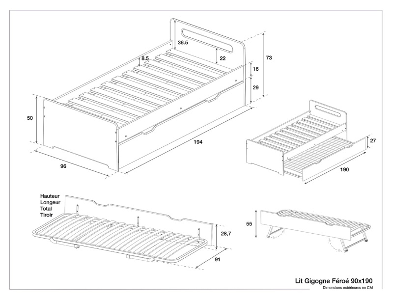 Dimensions du lit gigogne blanc Féroé 90x190. Deux couchages.