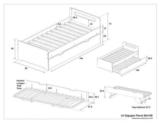 Dimensions of the anthracite Féroé trundle bed 90x190.