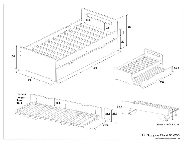 Dimensions of the anthracite Féroé trundle bed with 90x200 cm sleeping space