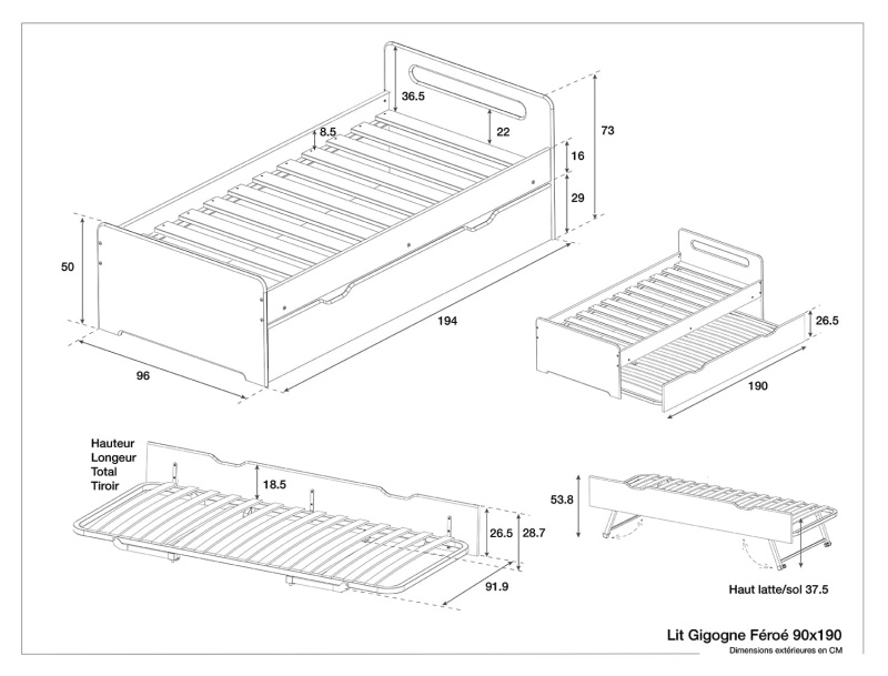 Dimensions du lit gigogne Lin Féroé. 2 couchages 90x190.