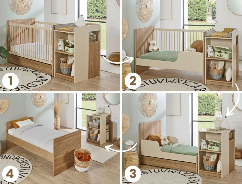 Mitwachsendes Kombi-Babybett Bohème und seine 4 Evolutionsstufen