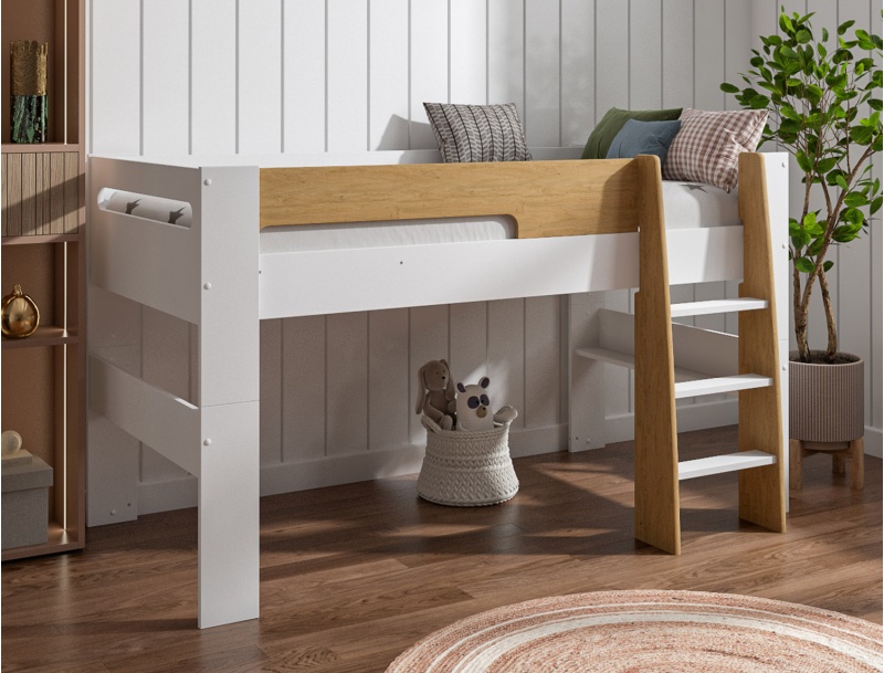 Cama media altura London blanca y madera para colchón 90x190
