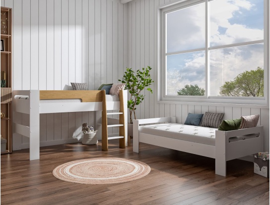 Modular bunk bed convertible into mid-height bed and single bed.