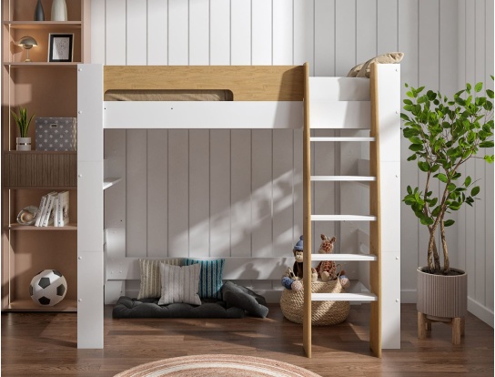 London white and wood loft bed.