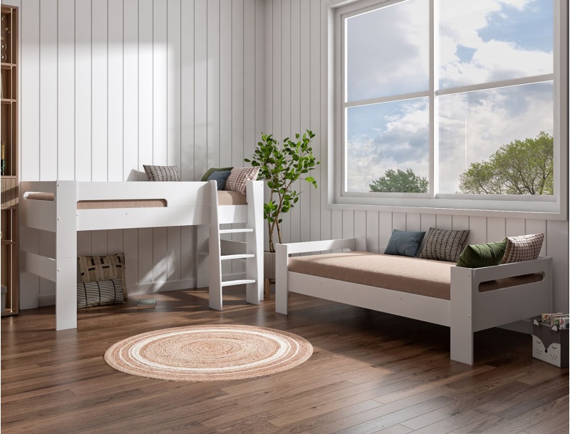 White bunk bed 90x190 convertible into one mid-height bed and one low bed.