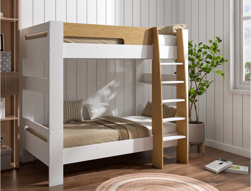 White and wood bunk bed with 90x190 white sleeping area