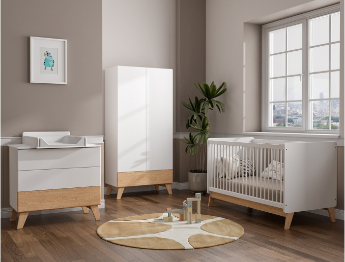 De complete Equilibre babykamer bevat commode, kledingkast en babybed. Aankleedkussen optioneel.