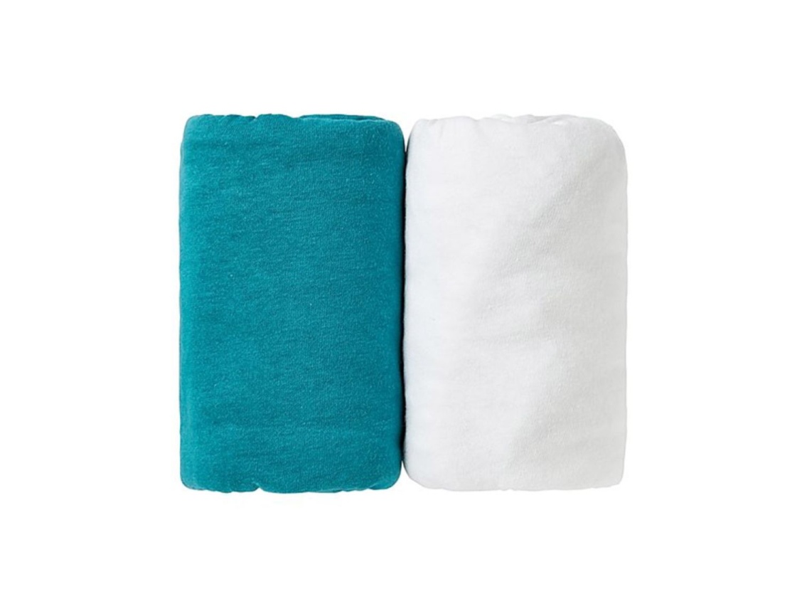 Set aus zwei Spannbetttüchern: Weiß & Tropenblau 60x120 Set aus zwei Spannbetttüchern: Weiß & Tropenblau 60x120