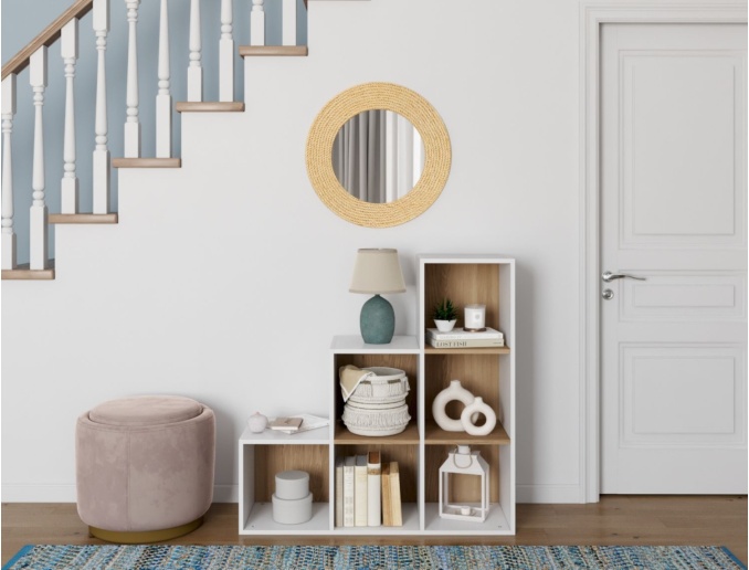 Estantería escalera para adultos 6 compartimentos MILOR Blanco y Madera