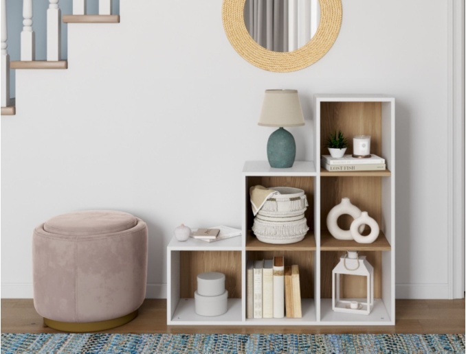 Estantería escalera 6 compartimentos MILOR Blanco y Madera