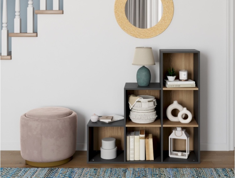 MILOR 6-Cube Staircase Shelf, Anthracite & Wood