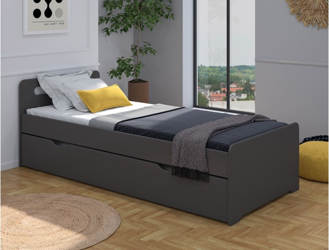 Lit gigogne complet enfant Féroé anthracite 2 Matelas AirFesh