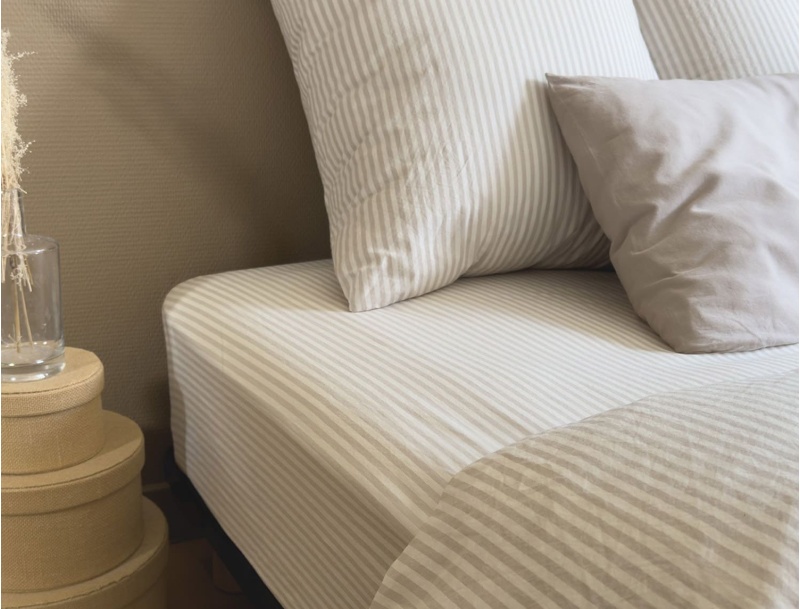 90x190 cm Organic Cotton Percale Fitted Sheet, Linen Striped