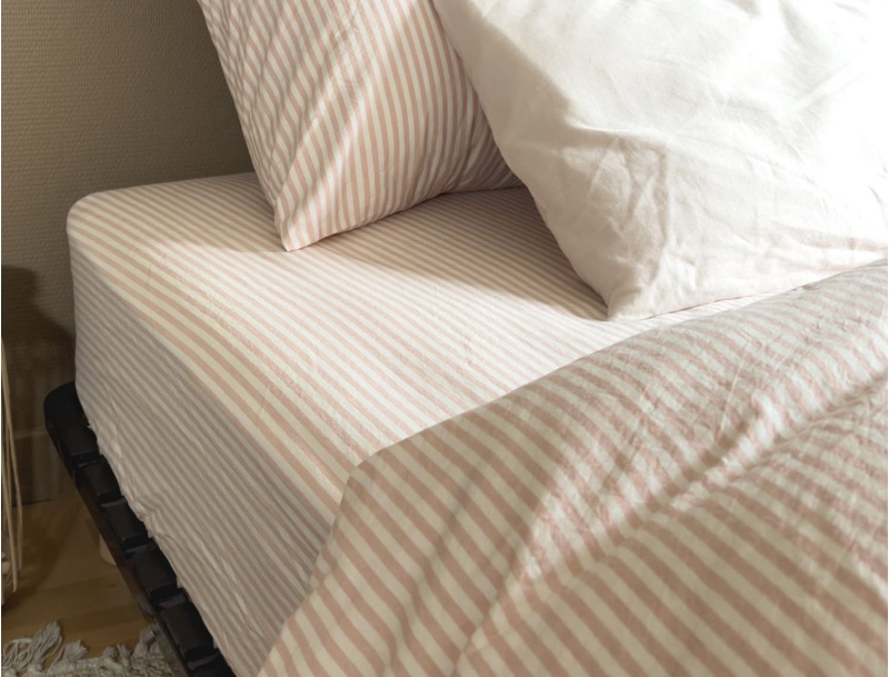 90x190 cm Organic Cotton Percale Fitted Sheet, Peach Striped