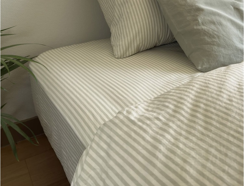 Drap housse 90x190 cm percale de coton bio rayé vert tilleul