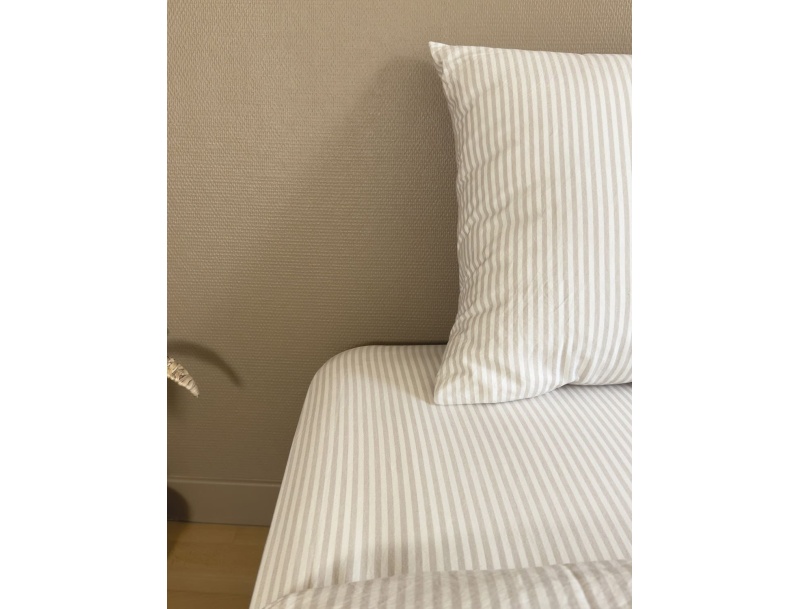 Drap housse 90x200 cm en percale de coton bio rayé lin 80 fils.