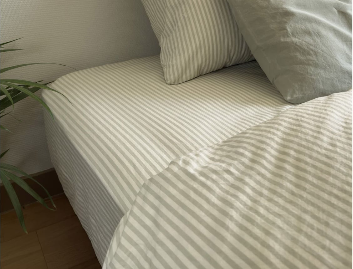 Drap housse Percale de Coton Bio  Rayé certifié GOTS Vert Tilleul