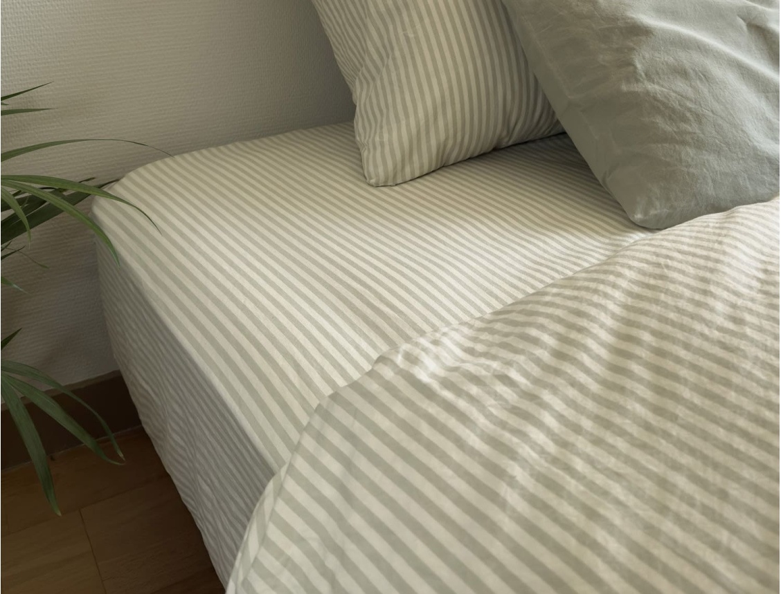 Hoeslaken Bio Katoenen Percale met strepen GOTS-gecertificeerd Lindegroen