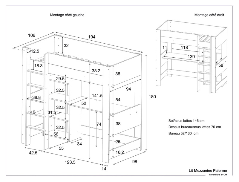lit mezzanine 90x190cm bureau rangement Palerme dimensions