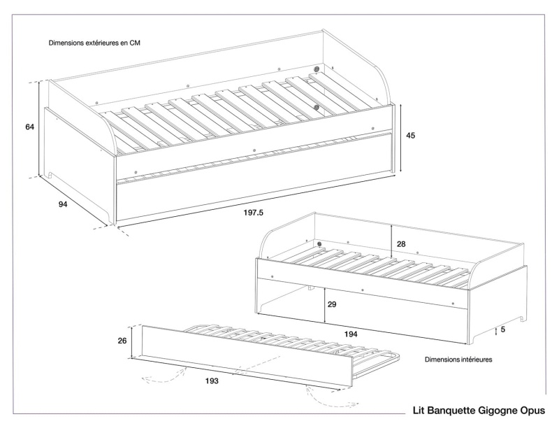 Dimensions du lit banquette gigogne Blanc et Bois Opus