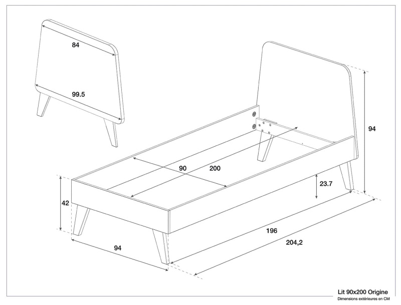 Dimensiones de la cama juvenil Origine Gris