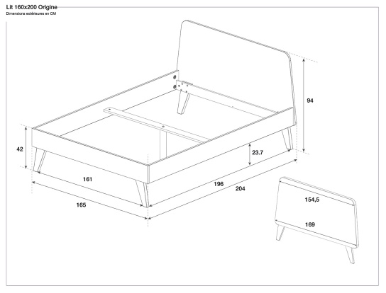 Afmetingen van het Origine bed met ligvlak 160x200 cm