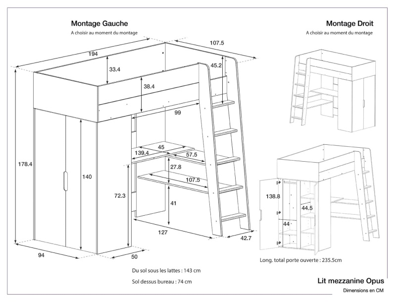 Dimensions du lit mezzanine Opus Blanc et Bleu nuit