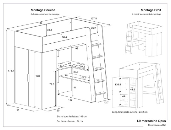 Dimensions du lit mezzanine Opus Blanc et Bleu nuit