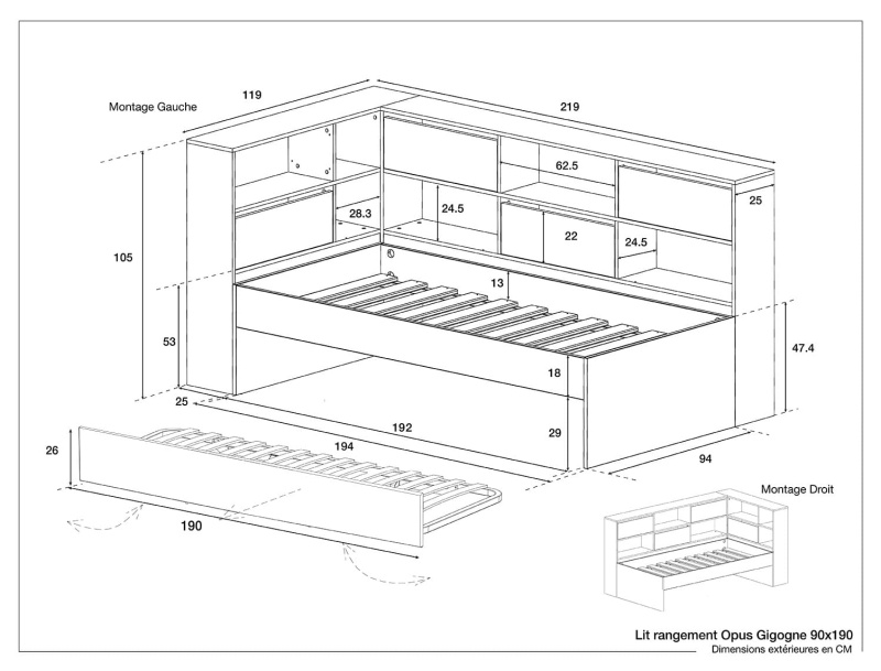 Dimensions du lit rangement gigogne Opus Bois