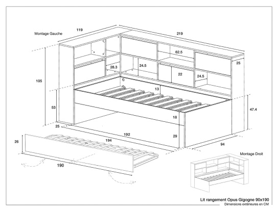 Dimensiones de la cama nido con almacenamiento Opus Madera